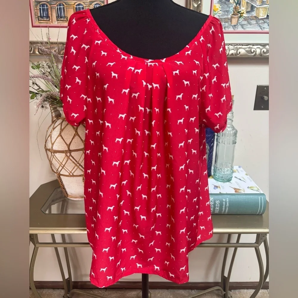DOG PRINT OLD NAVY RED & WHITE BLOUSE SHORT PUFF SLEEVE BOW TOP SIZE XL